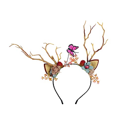 Vivivalue Deer Antler Hair Band with Flowers, Cat Ear Headband, Handmade Polyester Headband for Party, Costume, Cosplay, Adults, Festival, Wedding, Bohemia Flower Halo Headpiece