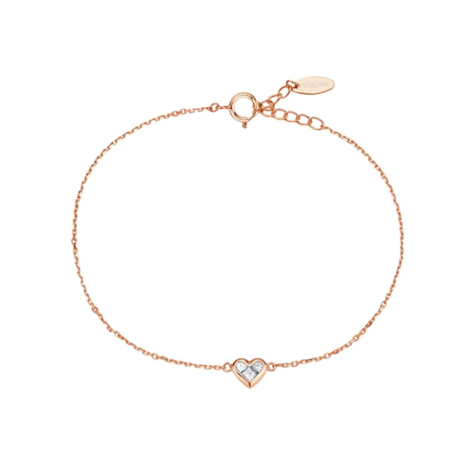 Pulseras de Mujer de Oro Rosa 9K / 14K / 18K, Corazón con Diamante, Cadena Extensible 16 CM + 5 CM, Pulseras de Mujer Ajustable Oro Rosa