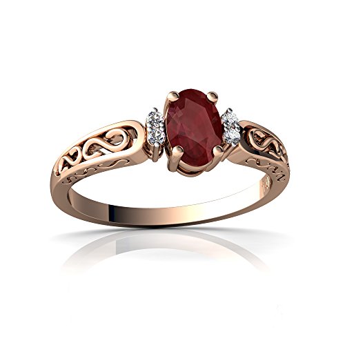 Jewels For Me 14kt Rose Gold Ruby and Diamond 6x4mm Oval filligree Scroll Ring - Size 7