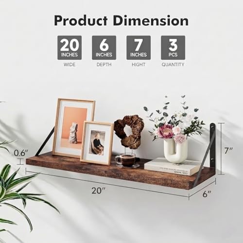 Image of OXMIC Rustic Wood Wall Shelves with Black Metal Brackets, Book Shelf for wall, wall Shelves, wall Book Shelf, 20x6 Inch, Set of 3, for Books and Decor