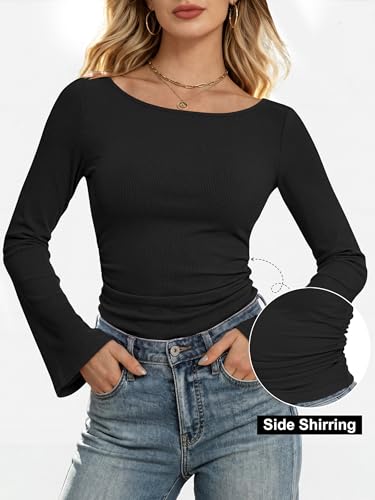 ANRABESS Women Bell Long Sleeve Shirts Boat Neck Top Black Small — view 4