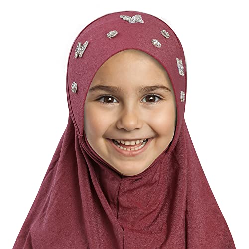 Lenmipot Little Girls Hijab Islamic Kids Hijab Headscarf Handmade Butterfly Rhinestone Muslim Hijab Cap for Girl (2-5year)2