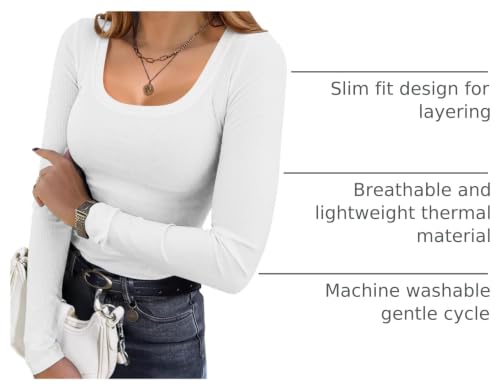 Image of Ekouaer Womens Long Sleeve Shirts Square Neck Slim Fit Basic Tops Ribbed Thermal Undershirts Layering Tee