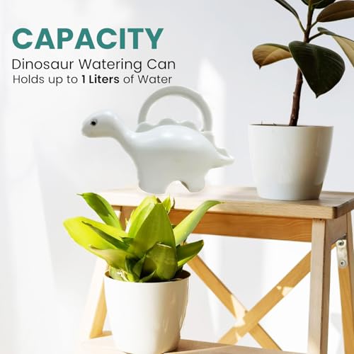 Image of Amazon Brand - Umi Dinosaur Shape Kids Watering Can 1 Litre Plastic Garden Watering Can Toy for Children Lightweight Easy Pour Water Can for Indoor Outdoor Plants Gardening Gift for Boys Girls (White)