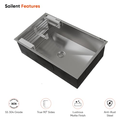 Image of Lorazzo Lustr Stainless Steel 304 Single Bowl Handmade Kitchen Sink | 32 x 20 Inch | Deep Bowl | Silver Finish | Rust Resistant | Includes Coupling, Drain Pipe & Strainer Basket