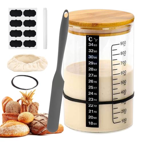 Bocaux pour débutant à pâte | Ensemble de fermentation en verre pour un usage domestique | Kit de démarrage multifonctionnel avec couvercle, marquages de mesure, outils de cuisson du pain, fournitures