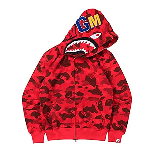 HEZEHAI Shark Jaw Camo Jacket Hoodie Shark Mouth Sweatershirt Full Zip Up for Adults(Red,L)