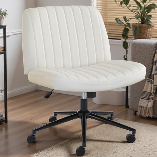 Image of DUMOS Criss Cross Chair with Wheels, Wide Cross Legged Office Desk Vanity Chairs, Faux Leather Armless Adjustable Swivel Chairs for Home Computer Task, Beige