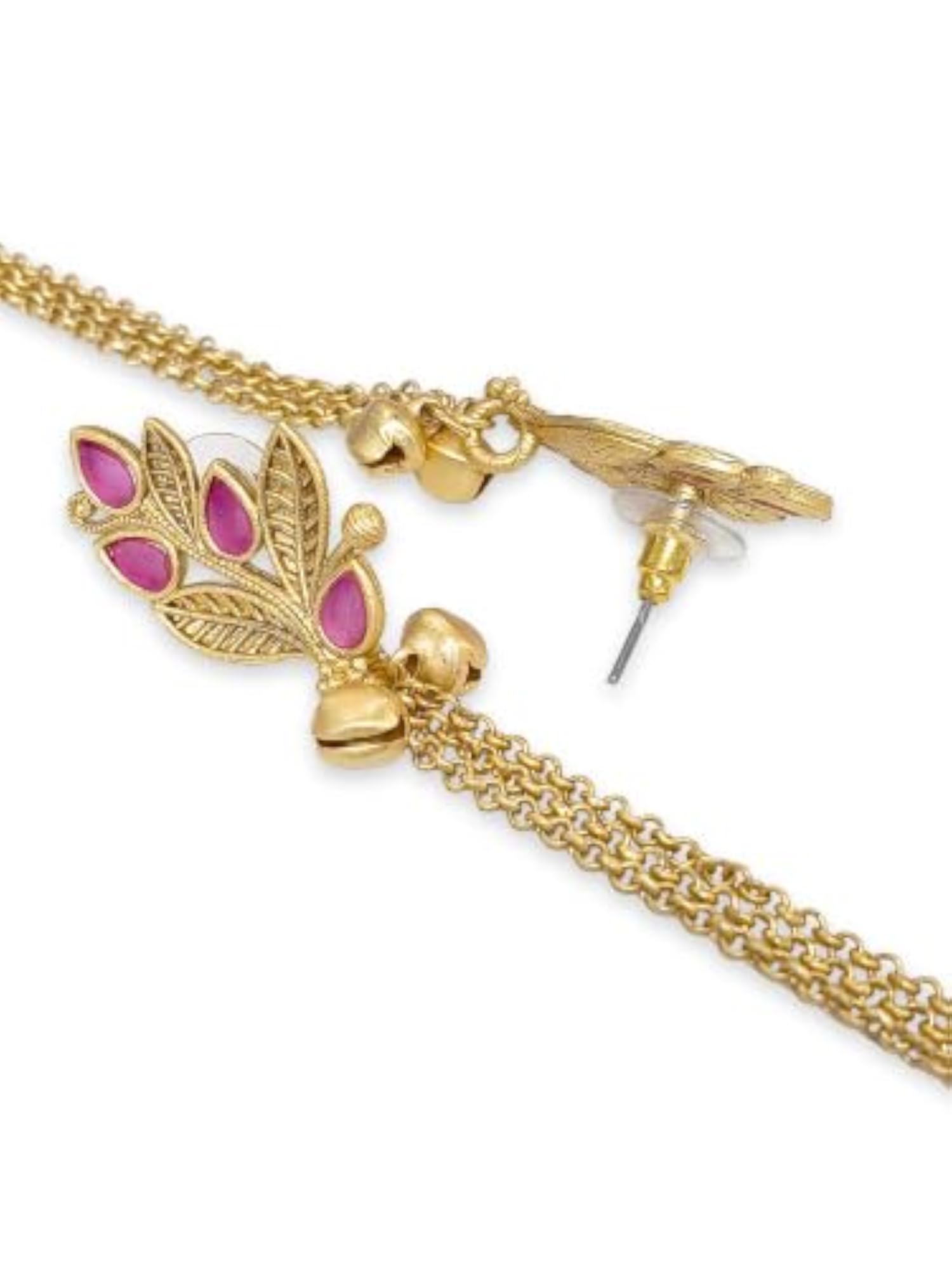 Traditional Gold-Plated Leaf Motif Kashmiri Long Tassel Earrings