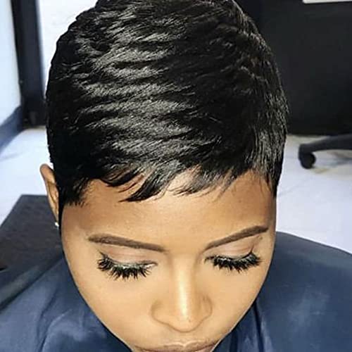 Short Pixie Cut Wigs For Black Women Short Natural Black Curly Wig With Bangs Synthetic Hair Pixie Wig For Women Pixie Cut Wigs Layered Hair Wig (Synthetic Short Jet Black) #TOP5