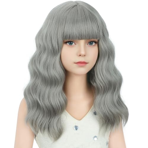 Image of Girls Gray Wig with Air Bangs Kids Short Gray Wavy Curly Wigs Children Synthetic Cosplay Hair for Halloween