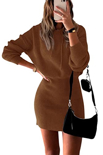 PRETTYGARDEN Women's Rib Knit Pullover Sweater Casual Long Sleeve Hooded Mini Bodycon Dress with Drawstring