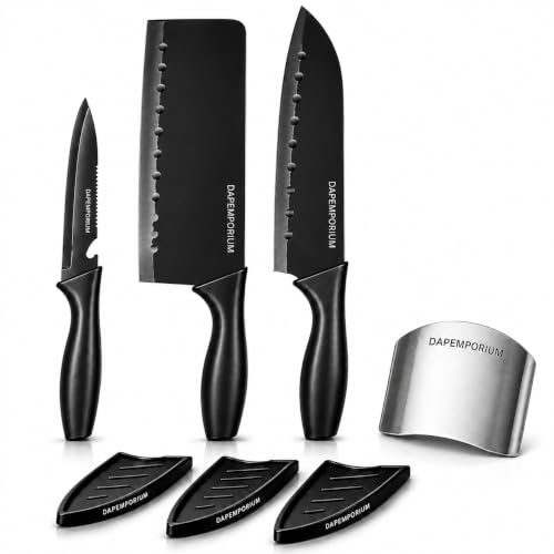 Image of Knife Set with Finger Guard, 3 Pcs Stainless Steel Black Coated Blades with Cover | Chef, Cleaver & Paring Knives | Sharp Multipurpose Cutting Knives for Vegetable, Fruit & Meat Chopping
