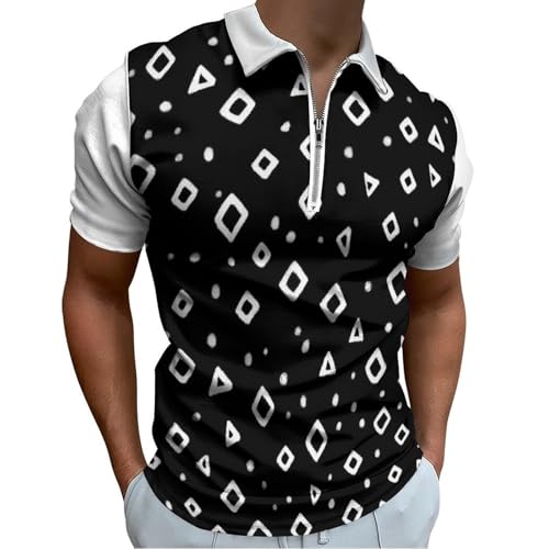 Polo De Manga Corta Cuadrado Dibujado Mano con Cremallera Y Cuello En V para Hombre, Talla Grande, Camiseta De Geométrico Estilo Africano para Hombre, Estilo Informal Verano, De Negocios, Negro 🔥