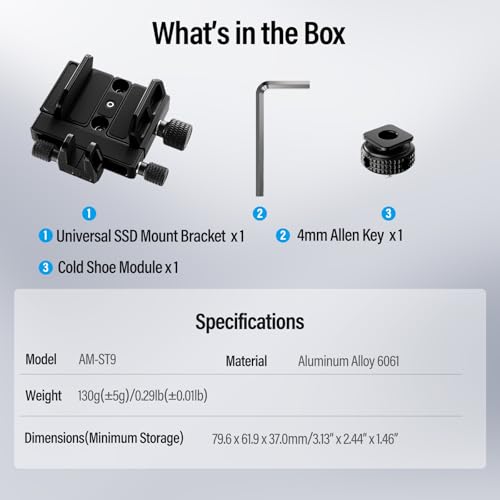 Sirui SSD Mount Bracket, SSD Holder with Cold Shoe and USB-C Cable Clamp for Samsung T7 T5, for SanDisk, Compatible with Camera Cage for BMPCC 4K 6K, for Z Cam E2, for Sigma fp, AM-ST9 - image 9
