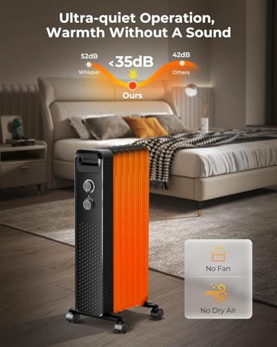 ZAFRO 1500W Electric Oil-Filled Radiator Heater with Adjustable Thermostat, Overheat and Tip-Over Protection, Low Noise, Portable Plug-in Heater for Home, Bedroom, Dorm, Office - Thumbnail 5