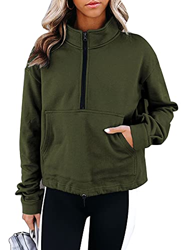 SWQZVT Womens Sweatshirt Half Zip Up Long Sleeve Pullover Casual Lapel Tops Solid Fall Sweatshirts with Pockets for Women Green M