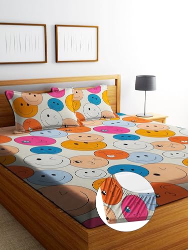 Image of DECORUM Glace Cotton Fitted 1 Bedsheet King Size (72 inchx78 inch) | All Around Elastic | Cotton Feel | 2 Pillow Covers (17 inchx27 inch) | Fits Up to 8 inch Mattress | 200-220 TC | Printed Double Bed Sheet Set
