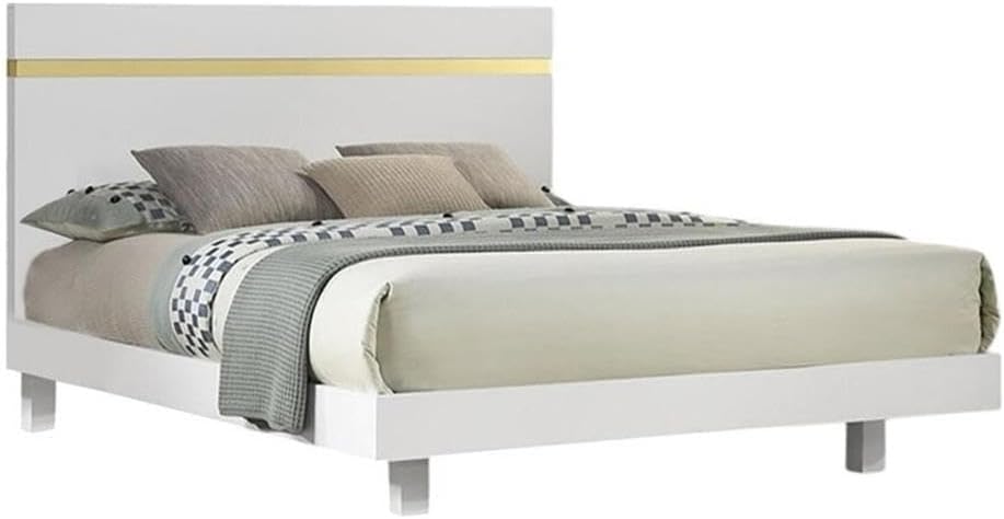 Pemberly Row Queen Size Bed, Matte White Finish, Gold Acrylic Trim, Engineered Wood Frame, Underbed LED Lighting, Bracketed Metal Legs, Dust-Proof Design, Contemporary Style Bedroom Furniture