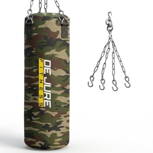 Image of De Jure Fitness Heavy Duty 4 Ft Punching Bag with Rust-Proof Stainless Steel Hanging Chain | Durable Polyester Fabric | Comfortable Recycled Filling | Boxing MMA, Kickboxing - Camouflage, 4 Ft