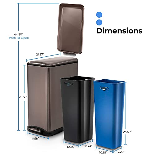 Home Zone Living 13 Gallon Slim Dual Compartment Kitchen Trash Can, Stainless Steel, Step Pedal, 50 Liter, Black #TOP6