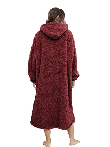 ililmmoe Sherpa tragbare Decke, Übergröße, Kapuzenpullover, Sweatshirt, TV-Decke mit Langen Ärmeln und Tasche, Weinrot One Size – Ansicht 2