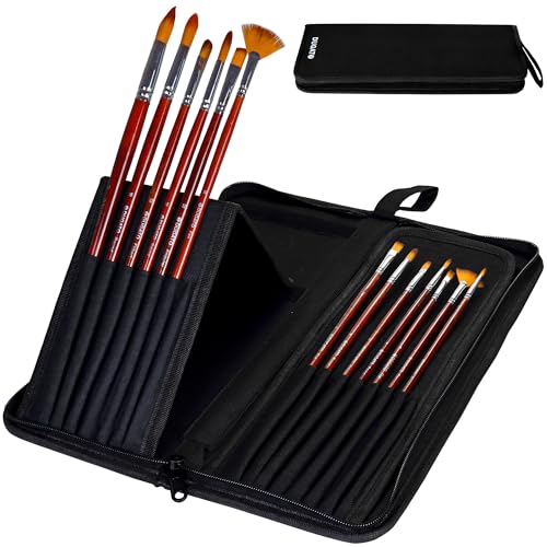 DUGATO Long Canvas Paint Brush Holder Zippered 5.7x14.8 inches, Premium Art Case for Brushes Long Handle up to 13" Length, 15 Slots Storage for Artist (Brush Not Included) - Black