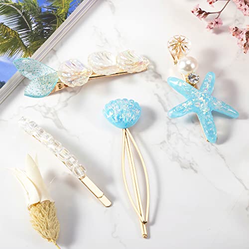 Beshiny Blue Mermaid Hair Clip Starfish Seashell Hair Clip Set For Women 6 Pcs Fish Tail Princess Hair Pins Ocean Beach Hair Accessories For Girls Gift #TOP6