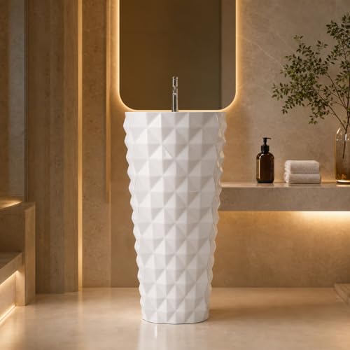 Image of Well Set Luxury Ceramic One Piece Pedestal Wash Basin | Premium Geometric Stand Wash Basin for Home Office Hotel | White