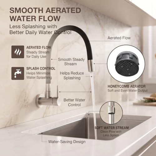 Image of InArt Wall Mounted Kitchen Sink Faucet, 304 Stainless Steel Flexible Kitchen Tap with 450 mm Matte Black Swing Spout, Single Lever Aerated Flow, Brushed Finish, 5 Year Leakage Warranty