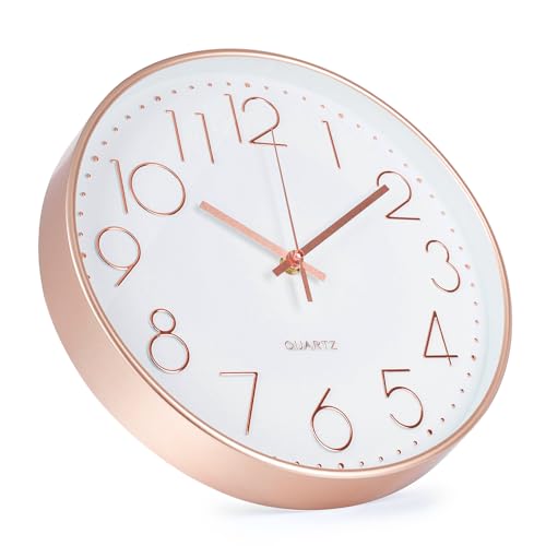 Image of Wall Clock Non-Ticking Silent Modern Simple Style Round Decor Clock Stereoscopic Dial Quartz Wall Clocks for Home /Office /School /Living Room /Bedroom /Kitchen (Rose Gold, 8inch)