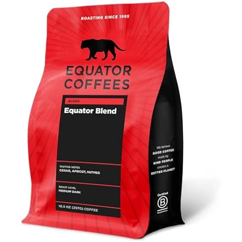 Equator Coffees, Equator Blend Ground Coffee, Medium Dark Roast, Fresh Roasted, Smooth Chocolate & Nutmeg Flavor Notes, Sustainable, 10.5 oz Bag Cover