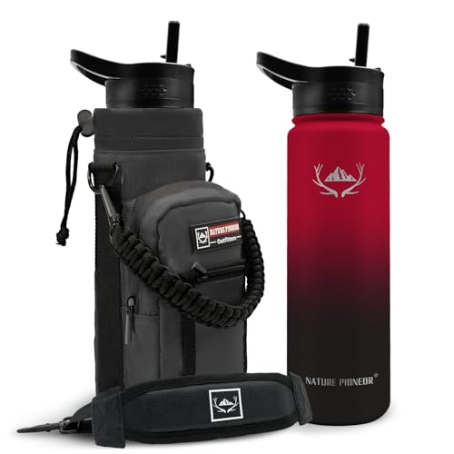 Image of NATURE PIONEOR 24 oz Insulated Water Bottle with Carrier Bag & 3 Lids