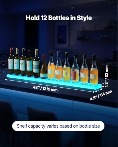 Image of VEVOR LED Lighted Liquor Bottle Display, 1 Tier 48 Inches Whiskey Rack, Supports USB, Illuminated Home Bar Shelf with RF Remote & App Control, 7 Static Colors, Acrylic Lighted Shelf for 12 Bottles