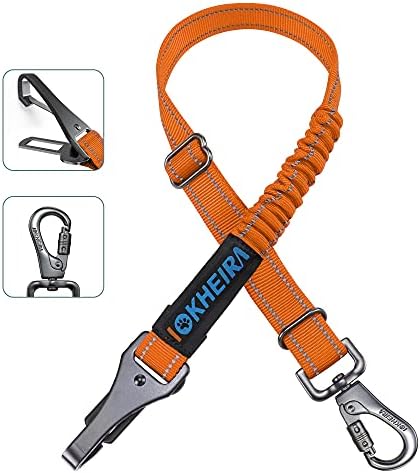 IOKHEIRA Dog Seat Belt 3-in-1 Car Harness for Dogs Adjustable Safety Seatbelt for Car Durable Nylon Reflective Bungee Fabric Tether with Clip Hook Latch & Buckle, Swivel Zinc Alloy Carabiner