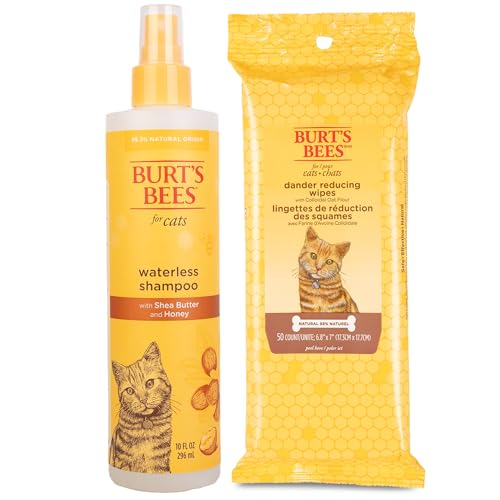 Burt's Bees for Pets Cats Grooming Bundle: Waterless Cat Shampoo with Apple & Honey, Naturally Derived Ingredients, 10oz & Cat Dander Reducing Wipes, 50ct