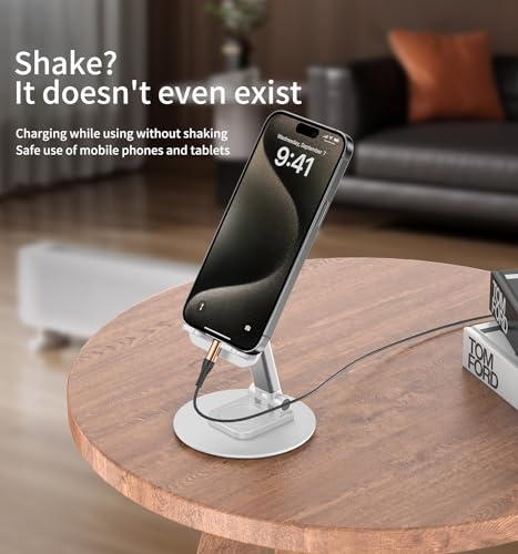 Image of 360 Rotating Cell Phone Stand for Desk (K39B-White) | Adjustable & Foldable Phone Holder, Aluminum Desktop Phone Stand with Anti-Slip Base, iPad Stand for Desk
