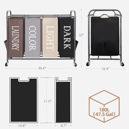 Image of STORAGE MANIAC Laundry Sorter 4 Section, 47.5 Gal (180 L) Laundry Hamper with Wheels, Clothes Divider Basket Sorter, Separator Hamper Cart with Removable Bags, Multicolored