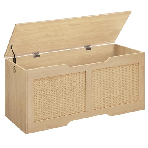 HOOBRO Storage Bench, 43.3″ Toy Box, Rattan-Like Storage Chest, Sturdy Entryway Bench Supports 220 lb, Toy Chest, Safety Hinge, U-Shaped Opening, Easy Assembly, Natural NL22CW01