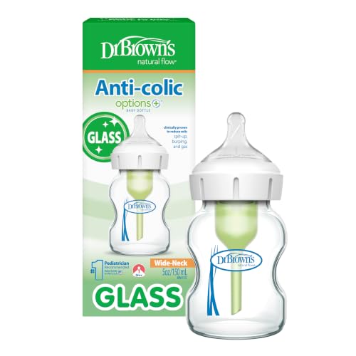 Image of Dr. Brown's Anti-Colic Options+ Wide-Neck Glass Baby Bottle, 5 oz, 1-Pack | Clinically proven to reduce colic, glass bottle with Level 1 slow flow nipple, 0m+, BPA-free