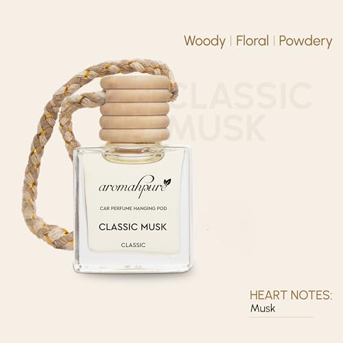Image of Aromahpure Premium Car Perfume Hanging Pod |10 ML |Musk Fragrance Car Air Freshener |Natural Fragrance Oils in Glass Bottle with Wooden Diffuser Lid |Last upto 30 Days (Pack 3), IFRA certified