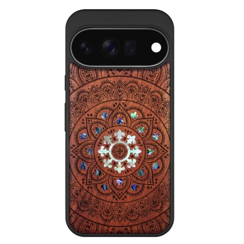 Coque Pixel 11 en bois véritable Carveit avec incrustation nacre mandala rose chic