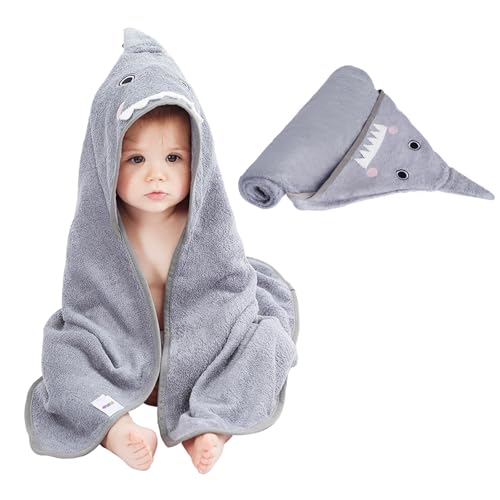 Image of Baby Hooded Bath Towel for Newborns Infants and Toddlers Soft Absorbent Rayon Baby Hooded Towel with Cute Animal Hood Skin Friendly 30 x 30 Inches (Grey)