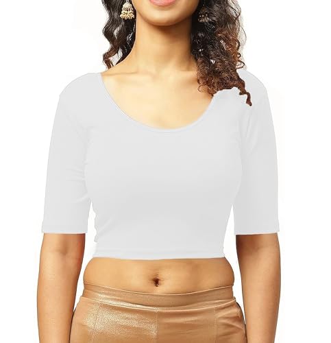 Image of THE BLAZZE 1303 Women's Cotton Scoop Neck Backless Elbow Sleeve Crop Top Readymade Saree Blouse for Women's