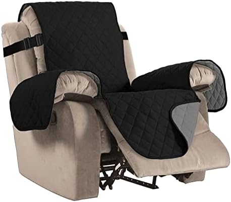 H.VERSAILTEX Reversible Quilted Recliner Covers Recliner Chair Cover Water Resistant Furniture Protector Washable Couch Cover with Elastic Straps for Kids, Pets (Recliner, Black/Grey)