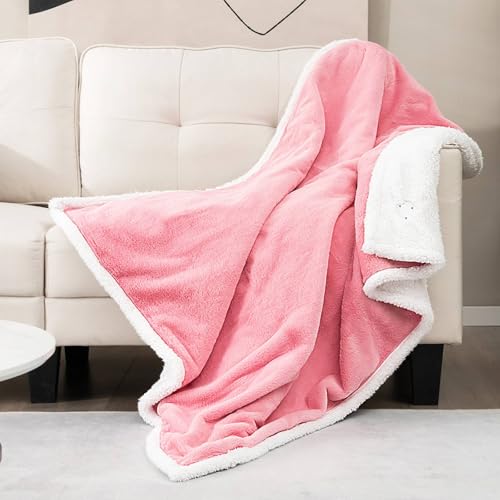 RELAX4LIFE Electric Blanket Heated Throw, Sherpa Fleece Fast Heating Overblanket with 10 Heat Levels, 9 Hours Auto-Off & Overheat Protection, Machine Washable Double-Side Throw (Pink+White, 154x130cm)