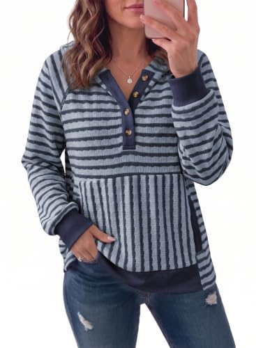 Dokotoo Striped Sweatshirt for Women Pullover Shirts Fall Outfits, Blue M - image 1