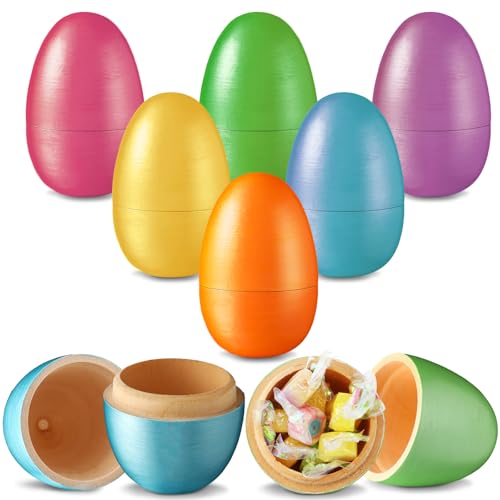 Marsui 12 Pcs Fillable Easter Metallic Colorful Wooden Eggs 2.8 x 2 Inches Basket Stuffers Hollow Wooden Easter Fake Eggs Hunt DIY Painting Art Craft Decorations Spring Home Decor