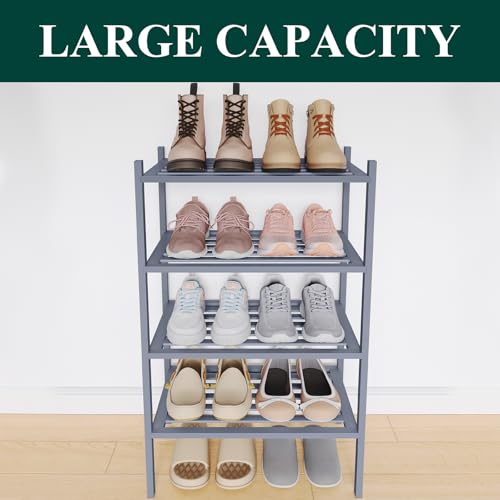 Image of Smiry Bamboo Shoe Rack, 5 Horizontal Slats, 4 Tier - 17.3 inch Wide, Grey