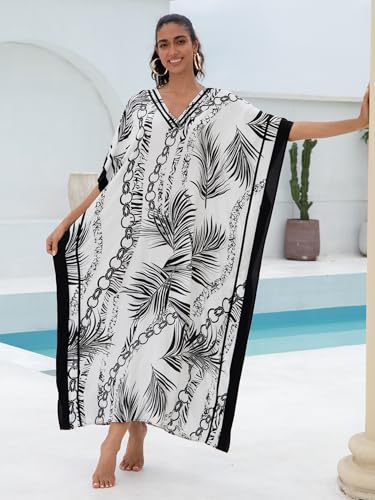 Image of KECVOT Kaftan Dresses for Women V-Neck Print Swimsuit Cover Up Plus Size Beach Caftan Lounge Dress